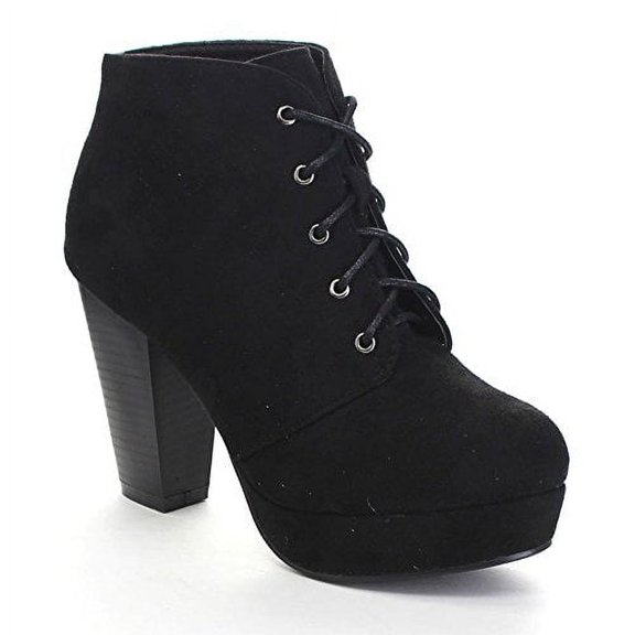 Forever Camille-86 Black Fashion Block Mid Heel Comfort Stacked Ankle Booties (Black, 7.5)