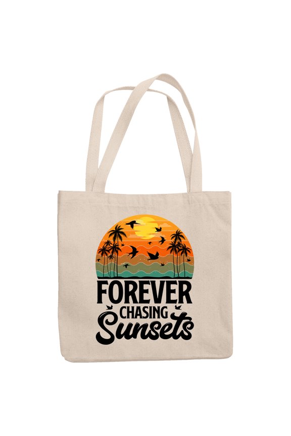 Forever Chasing Sunset feat. a Setting Sun, Beach Palm Trees, 12oz Canvas Tote Bag