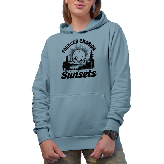 Forever Chasing Sunset feat. a Setting Sun, Lake & Mountains, Light Blue Hooded Sweatshirt or Hoodie, 2XL