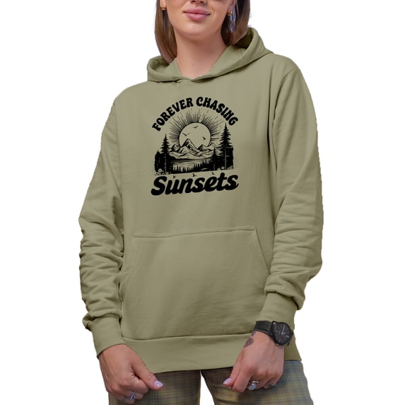 Forever Chasing Sunset feat. a Setting Sun, Lake & Mountains, Sand Hooded Sweatshirt or Hoodie, XL