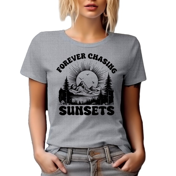 Forever Chasing Sunset feat. a Setting Sun, Lake, Pine Trees & Mountains, Heather Grey T-Shirt, Medium