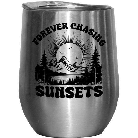 Forever Chasing Sunset feat. a Setting Sun, Lake, Pine Trees & Mountains, Stainless Steel 12oz Wine Tumbler