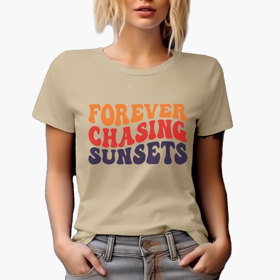 Forever Chasing Sunsets, Groovy Retro Wavy Text Merch Gift, Tan T-Shirt, Small