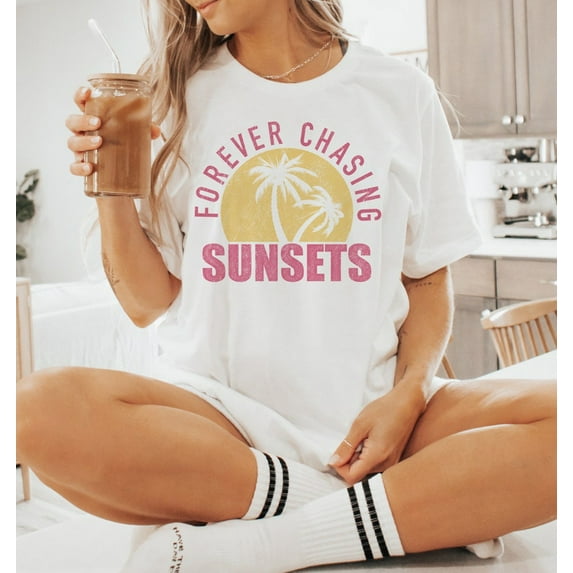 Forever Chasing Sunsets Shirt, Distressed Tropical Beach Tee, Aesthetic Summer Outfit with Retro Sunset Style