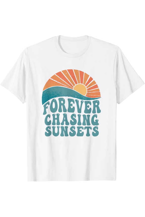 Forever Chasing Sunsets Summer Retro Sunset Beach Vacation T-ShirtMen and women, White T-shirt, size: Extra large