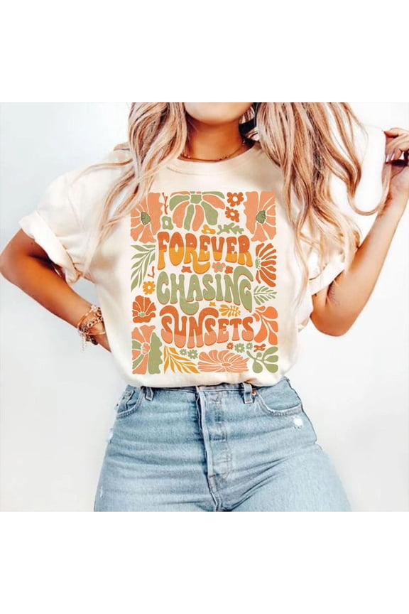 Forever Chasing Sunsets T-Shirt, Beach T-Shirt, Retro Floral Summer T-Shirt, Boho Summer Vibes T-Shirt, Trendy Summer Shirt T-Shirt