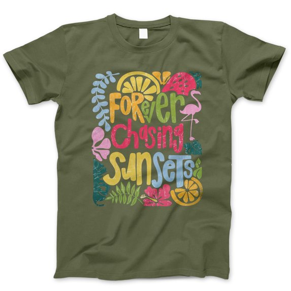 Forever Chasing Sunsets T-Shirt - Tropical Vacation Tee with Colorful Fruits Flamingo and Leaves - Cute Summer Shirt, Beach Graphic Tshirt for Women