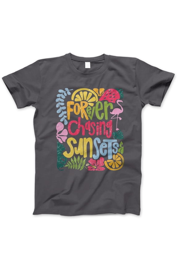 Forever Chasing Sunsets T-Shirt - Tropical Vacation Tee with Colorful Fruits Flamingo and Leaves - Cute Summer Shirt, Beach Graphic Tshirt for Women