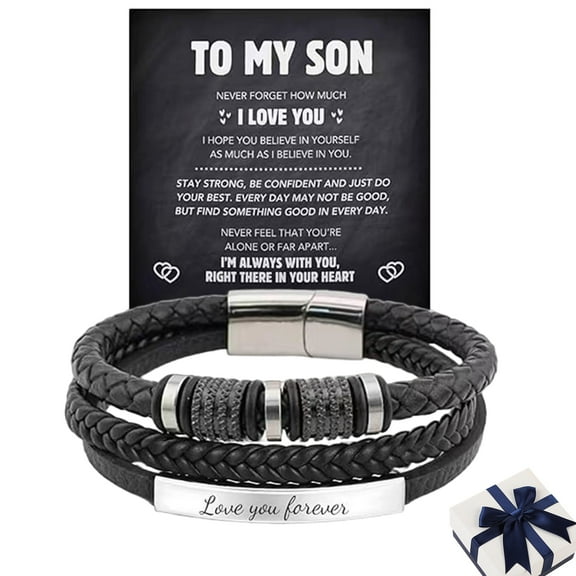 Forever Connected Son's Bracelet, To My Son Bracelet from Mom/Dad,Multi-layer Braided Knot Leather Bracelet,Stainless Steel Engraved Love You Forever Men's/Son Gift(19CM)