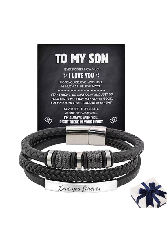 Forever Connected Son's Bracelet, To My Son Bracelet from Mom/Dad,Multi-layer Braided Knot Leather Bracelet,Stainless Steel Engraved Love You Forever Men's/Son Gift(19CM)