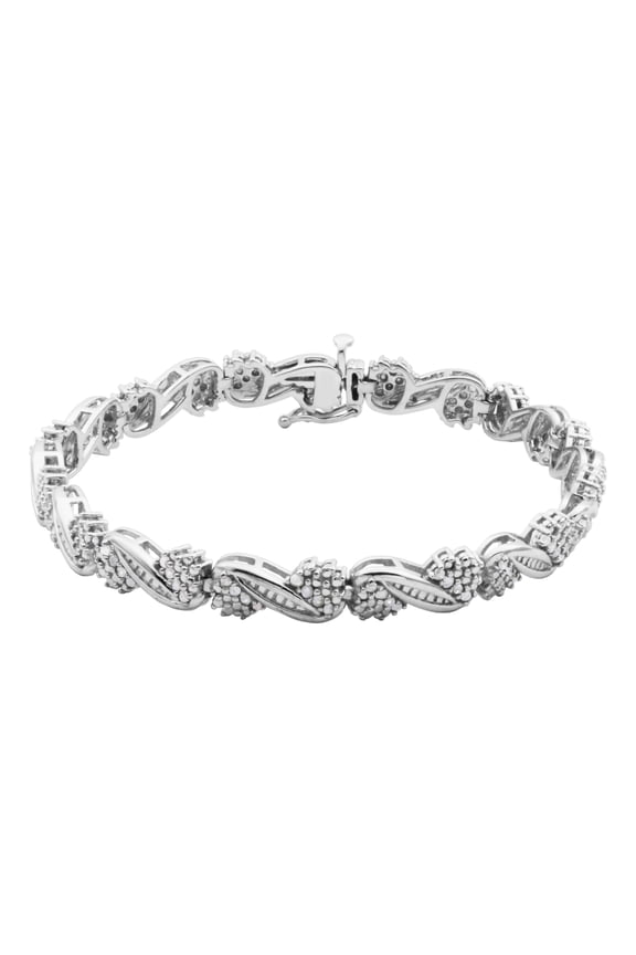 1.00 cttw Diamond Floral Swirl Bracelet in Rhodium over Sterling Silver, Adult Female