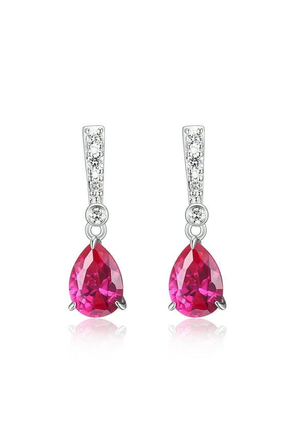 Jewelry Platinum Over Sterling Silver Ruby and 1/10th Carat Total Weight Lab Grown Diamond Pear Linear Tear Drop Earrings (H-I Color, I1 Clarity)