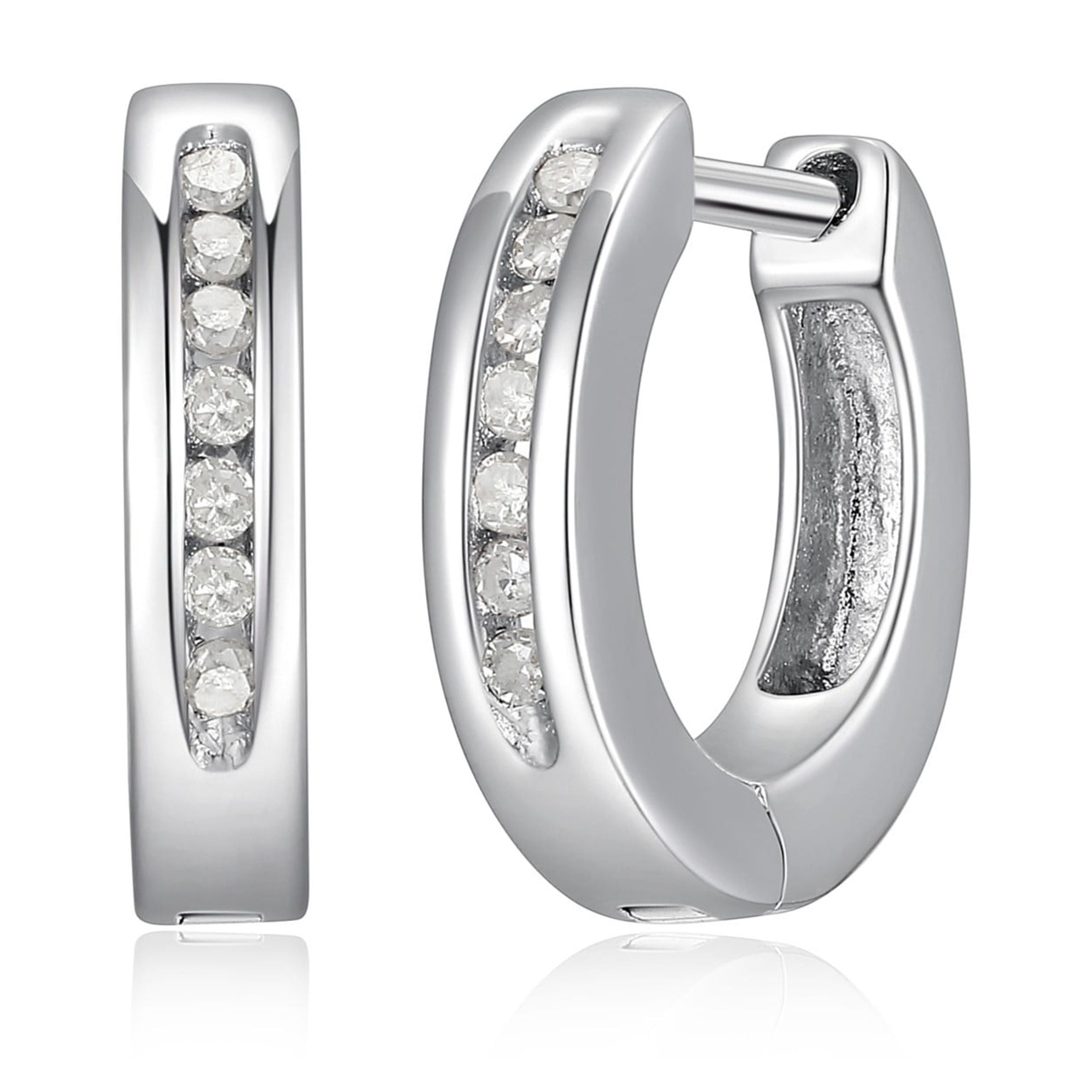Forever Facets 1/10 cttw Diamond Hinged Hoop Earrings in Rhodium over Sterling Silver, Adult Female