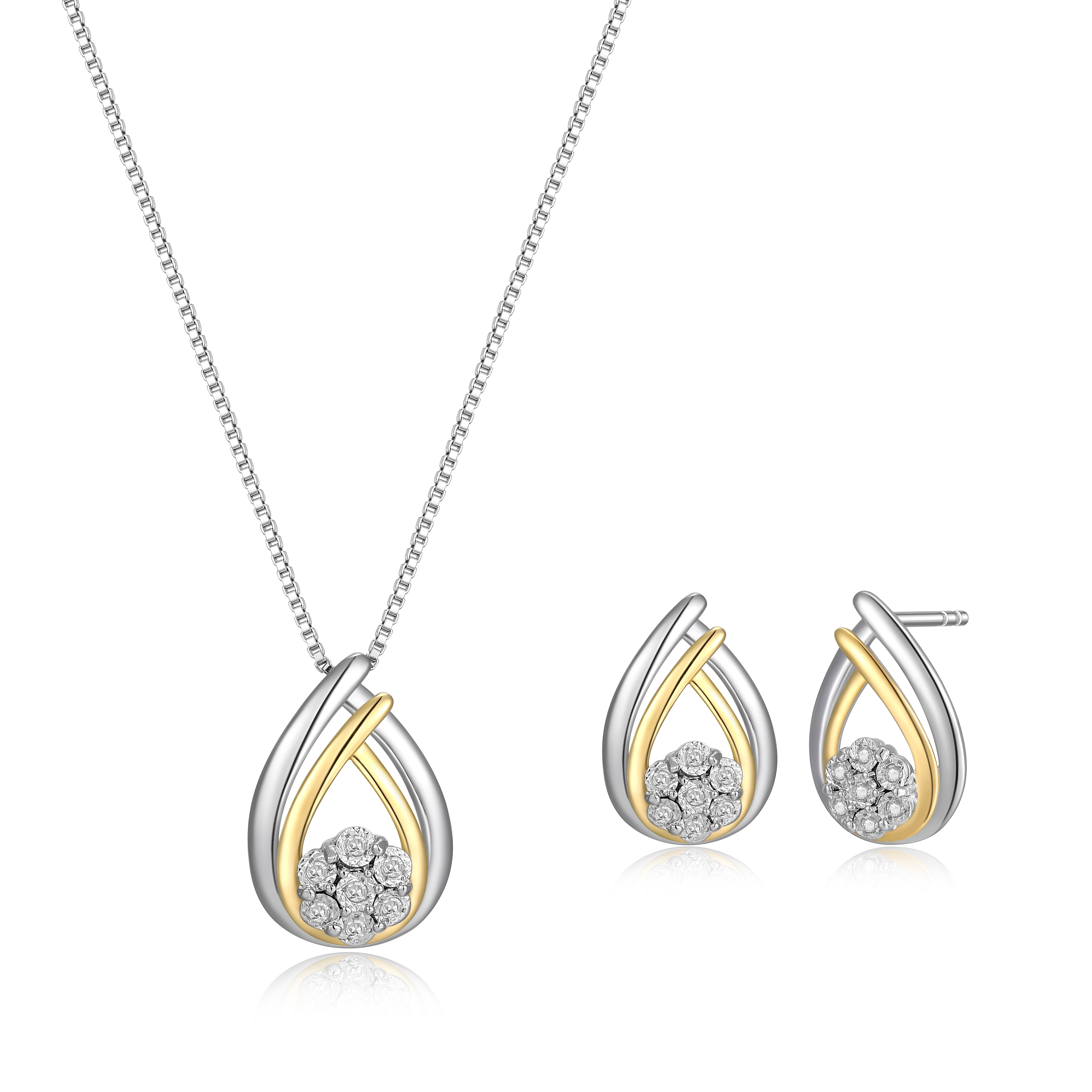 Forever Facets 1/10 cttw Diamond Teardrop Earring and Pendant Set in Two-Tone Sterling Silver, Adult Female