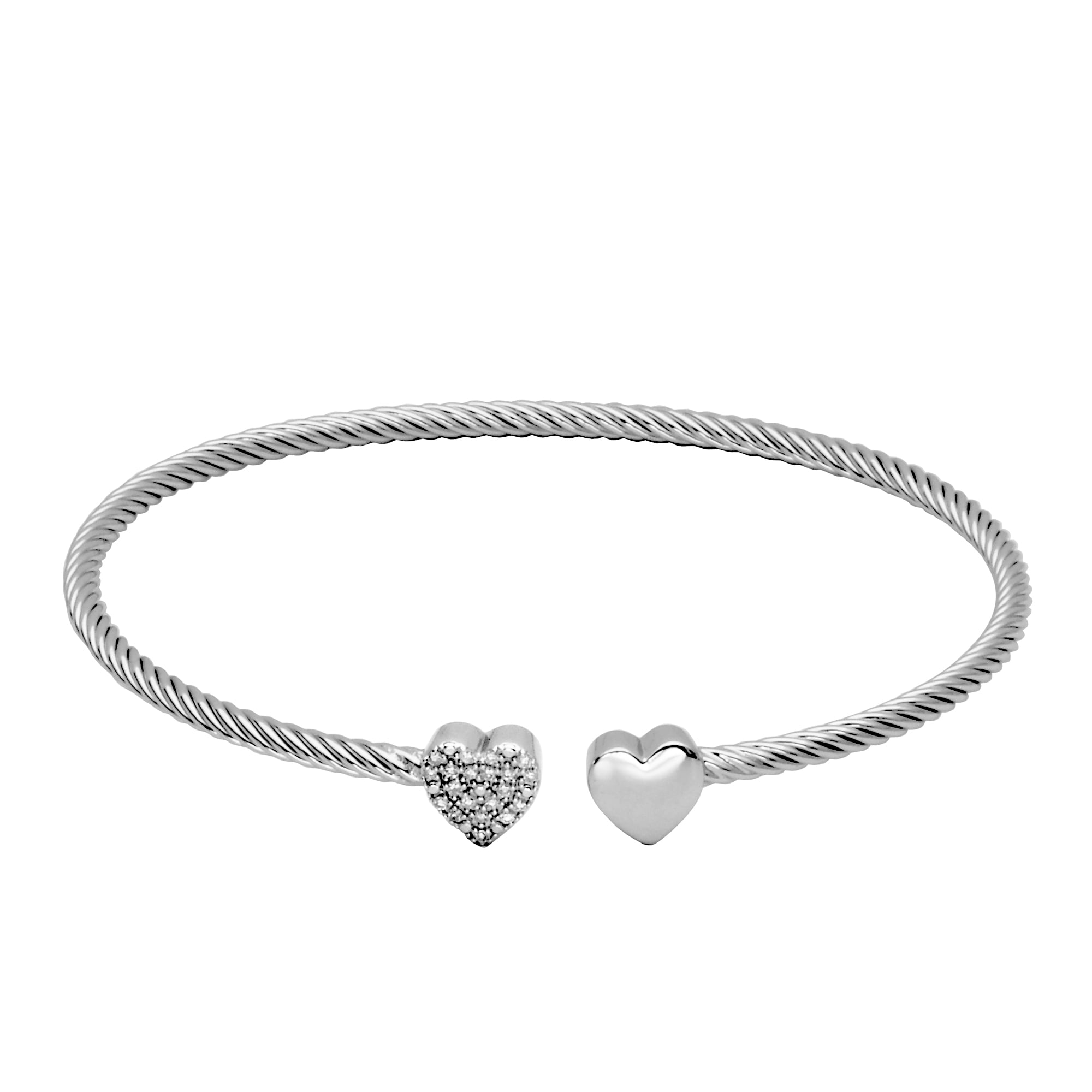 Forever Facets 1/10 cttw Diamond Twin Heart Open Cuff Twisted Bangle in Sterling Silver, Adult Female