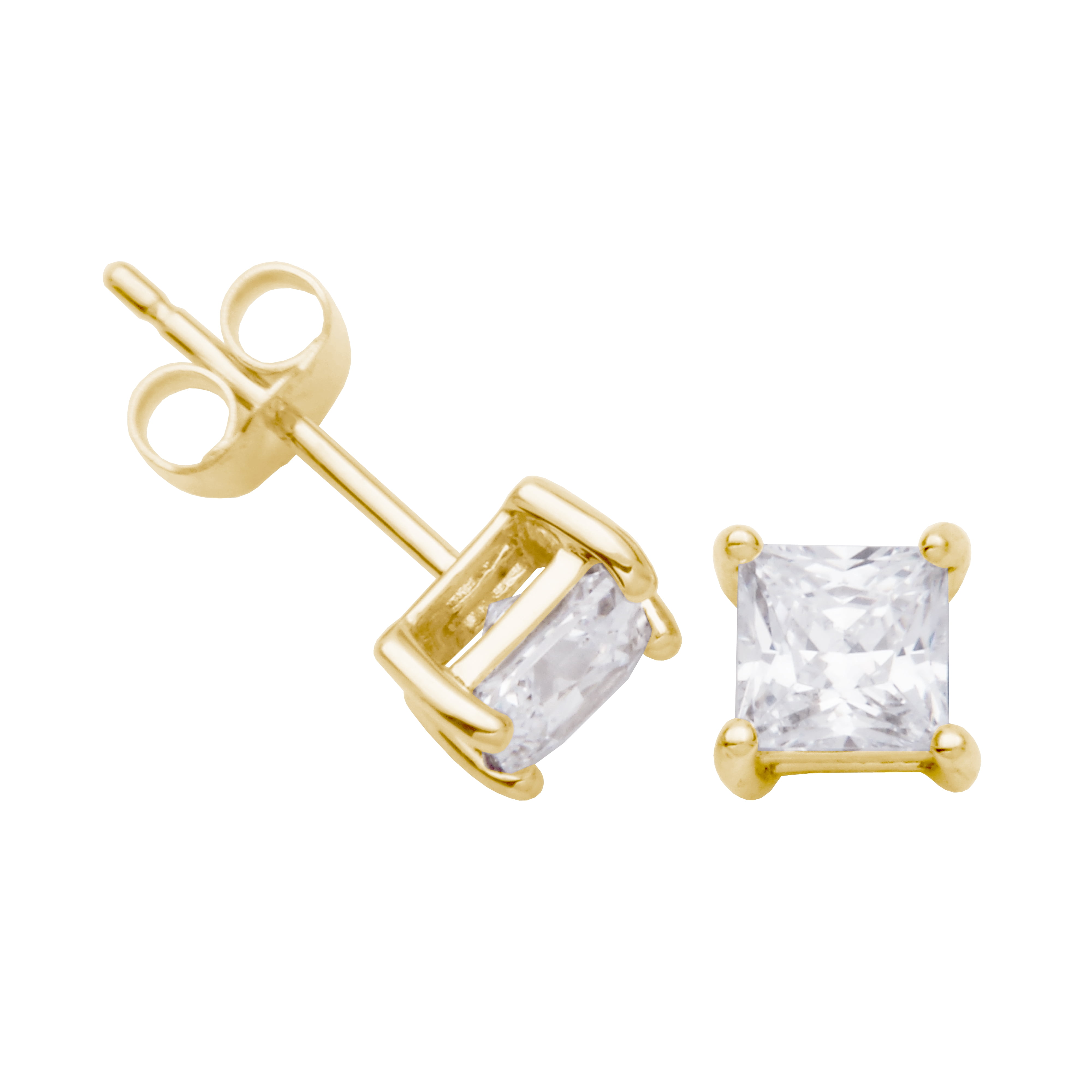 Forever Facets 14K Solid Yellow Gold 4MM Square CZ Stud Earrings, Adult Female