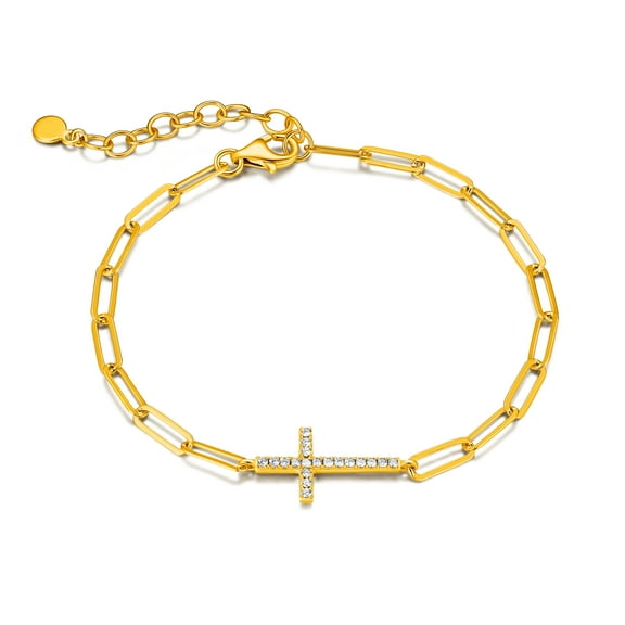 Forever Facets 18K Gold Over Sterling Silver CZ Cross Paperclip Bracelet, 6.75" + 1.25" Extender