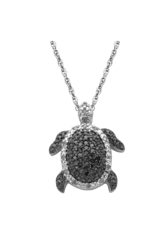 Black and White Diamond Turtle Pendant Necklace in Sterling Silver, Adult Female