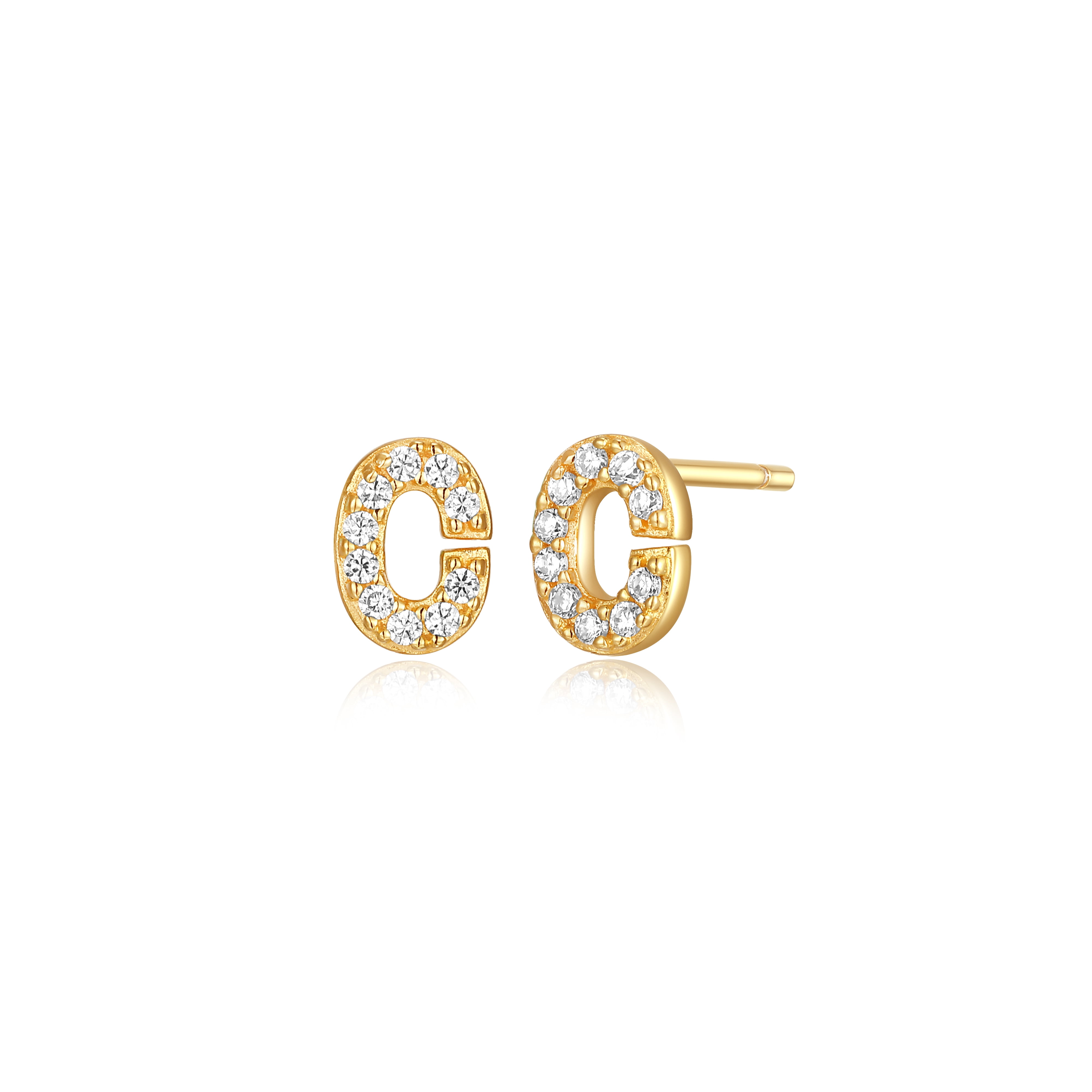 Forever Facets "C" CZ Earrings in Gold over Sterling Silver, Adult Female