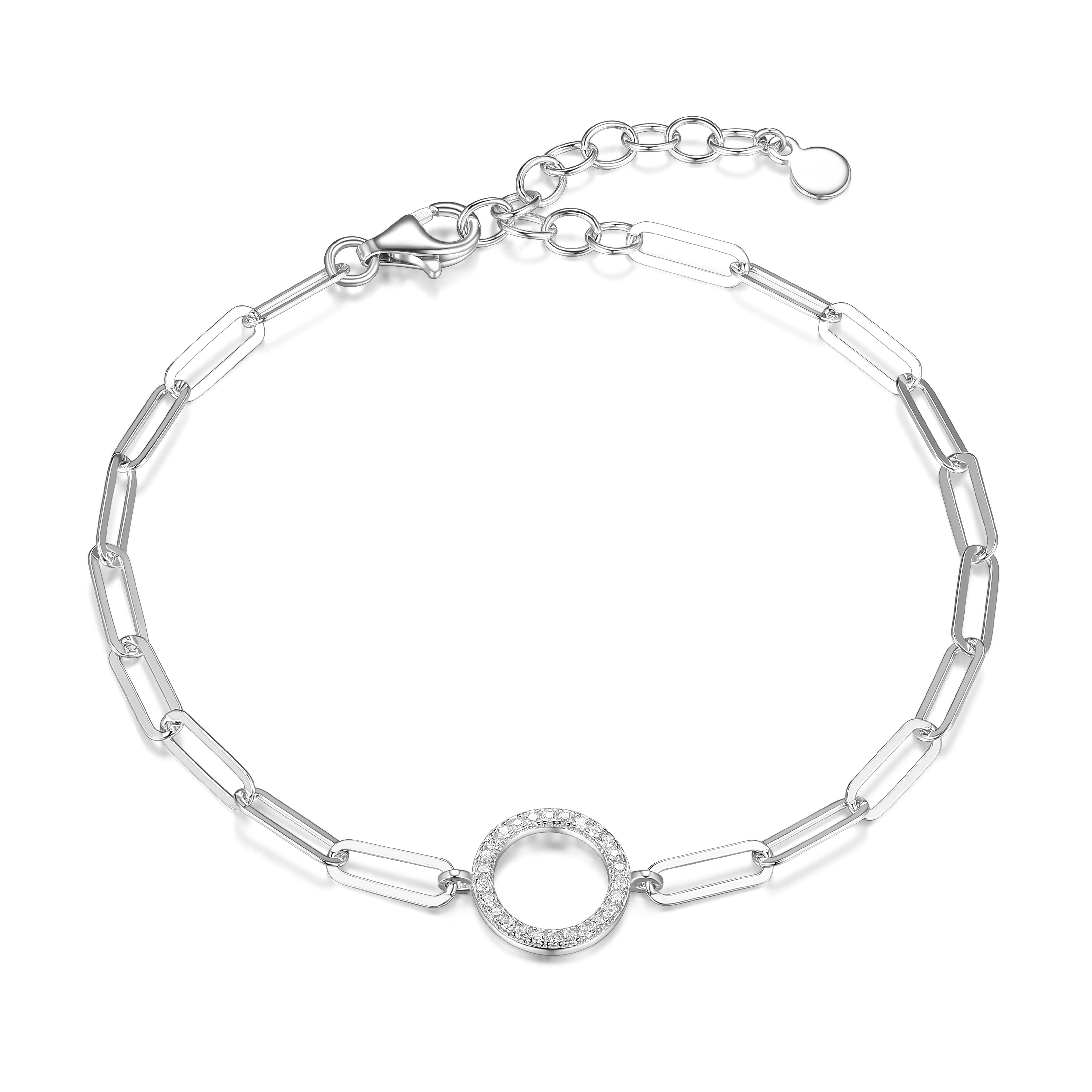 Forever Facets CZ Circle Paperclip Bracelet in Sterling Silver, 6.75" + 1.25" Extender