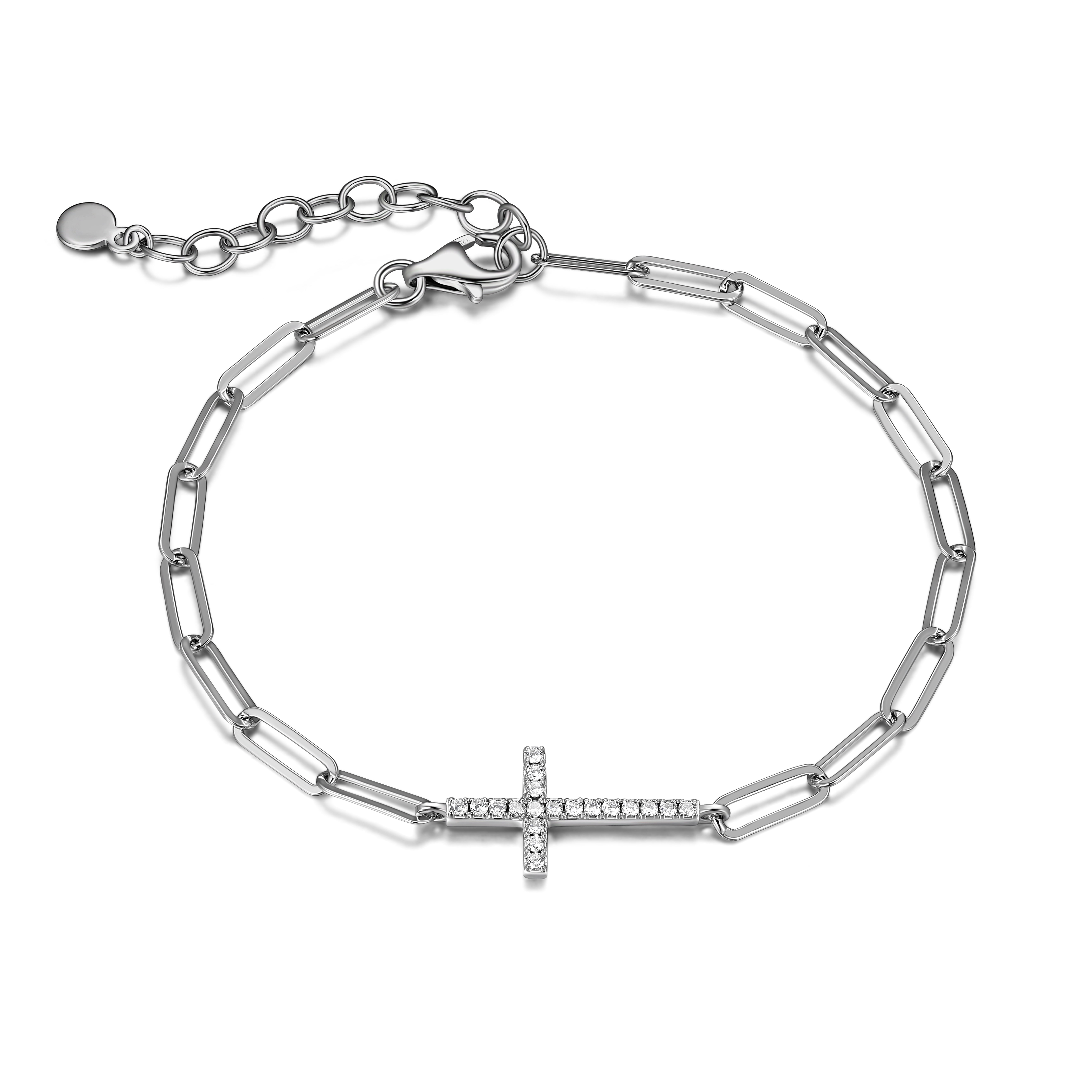 Forever Facets CZ Cross Paperclip Bracelet in Sterling Silver