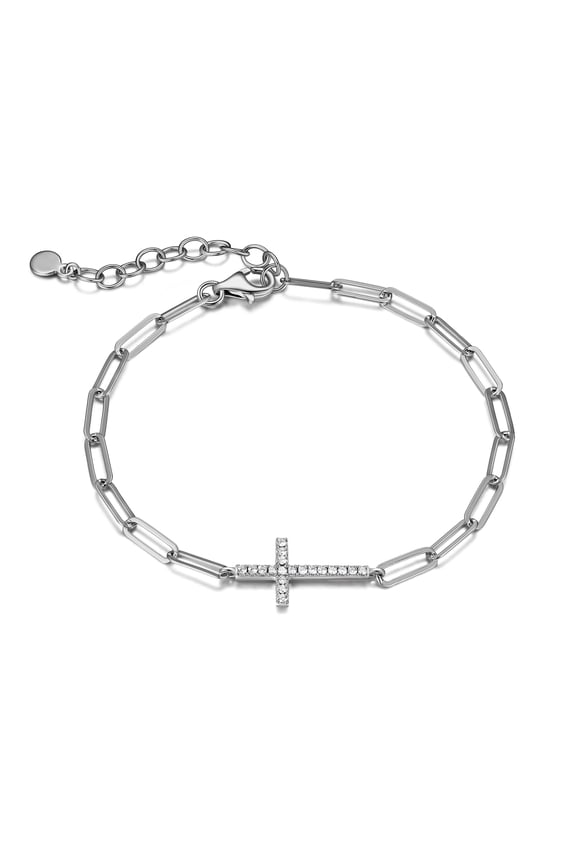 CZ Cross Paperclip Bracelet in Sterling Silver, 6.75" + 1.25" Extender