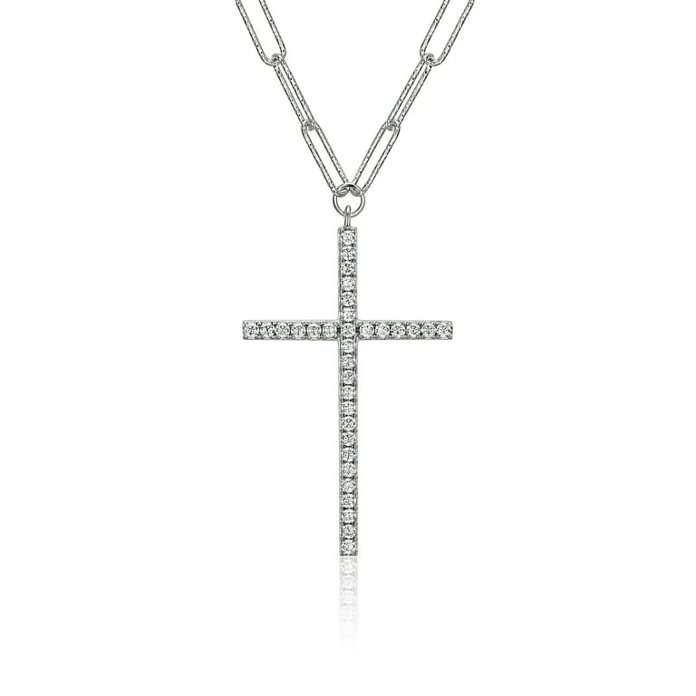 アクセサリー thin silver cross band Forever Facets CZ Cross Paperclip Necklace Hand Set in Sterling