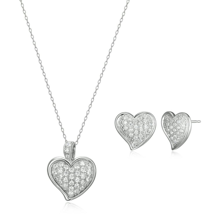 Sterling Silver CZ Heart 18in Necklace and Post Earrings Set Sterling Silver CZ Heart 18in Necklace and Post Earrings Set