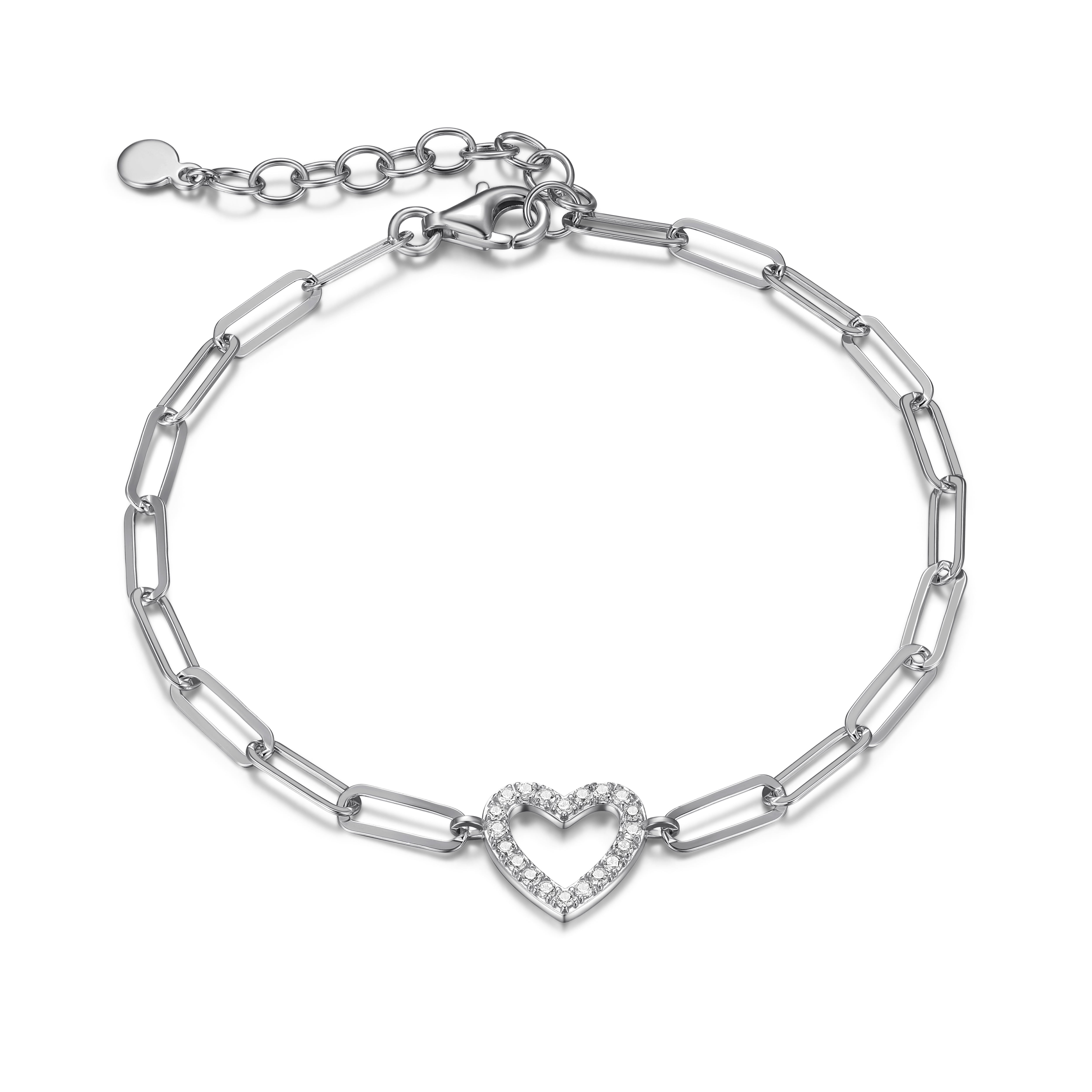 Forever Facets CZ Heart Paperclip Bracelet in Sterling Silver, 6.75" + 1.25" Extender