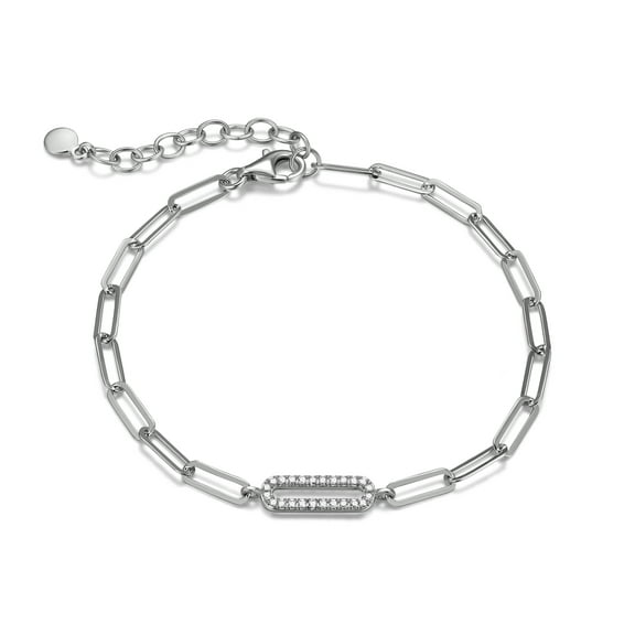 Forever Facets CZ Oval Link Paperclip Bracelet in Sterling Silver, 6.75" + 1.25" Extender