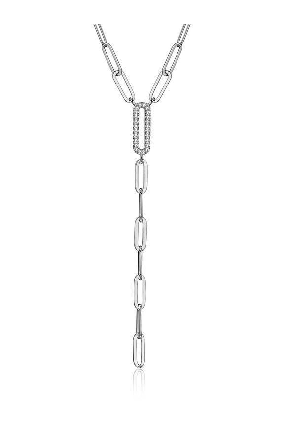 CZ Paperclip Lariat Necklace Hand Set in Sterling Silver, 18" + 2" Extension