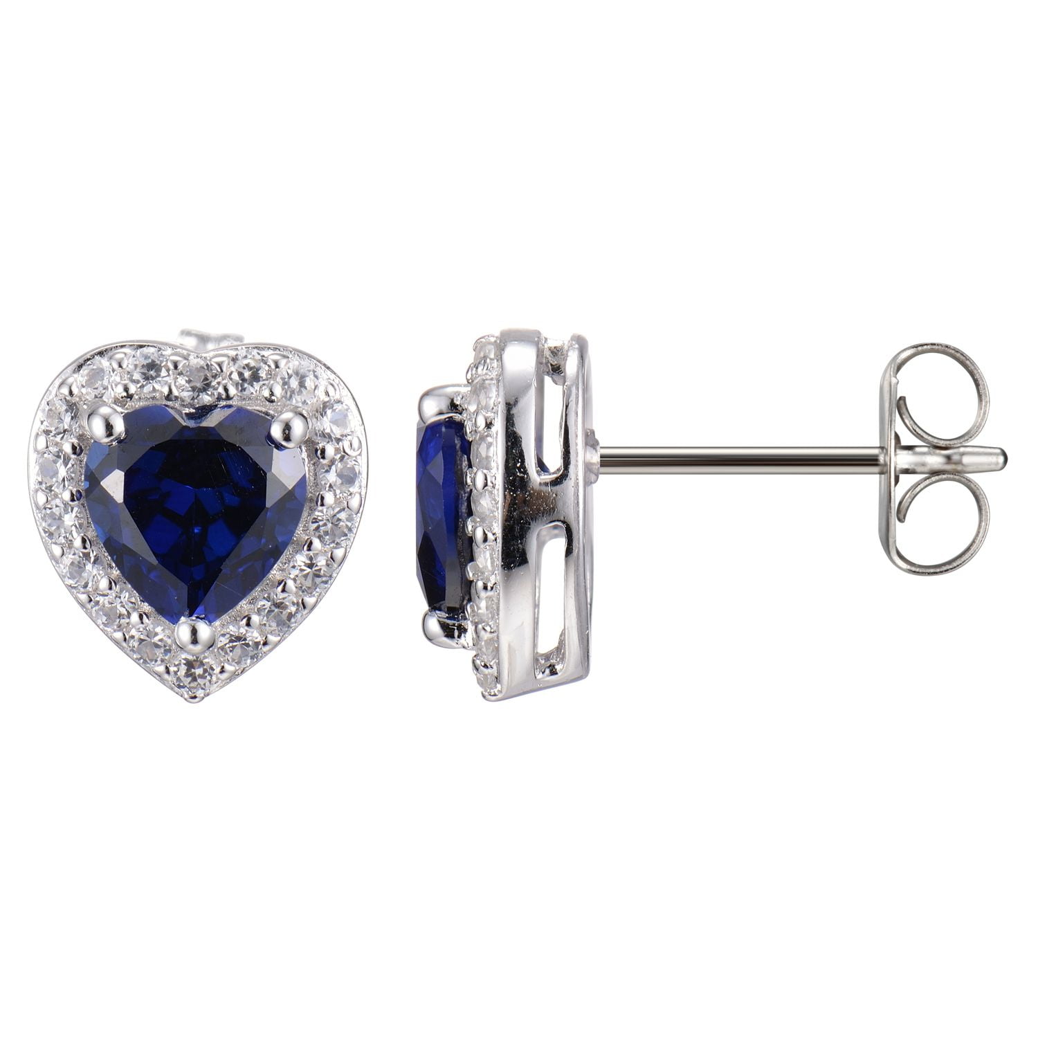 Forever Facets Created Blue Sapphire and Created White Sapphire Heart Halo Earrings in Sterling Silver, Adult Female