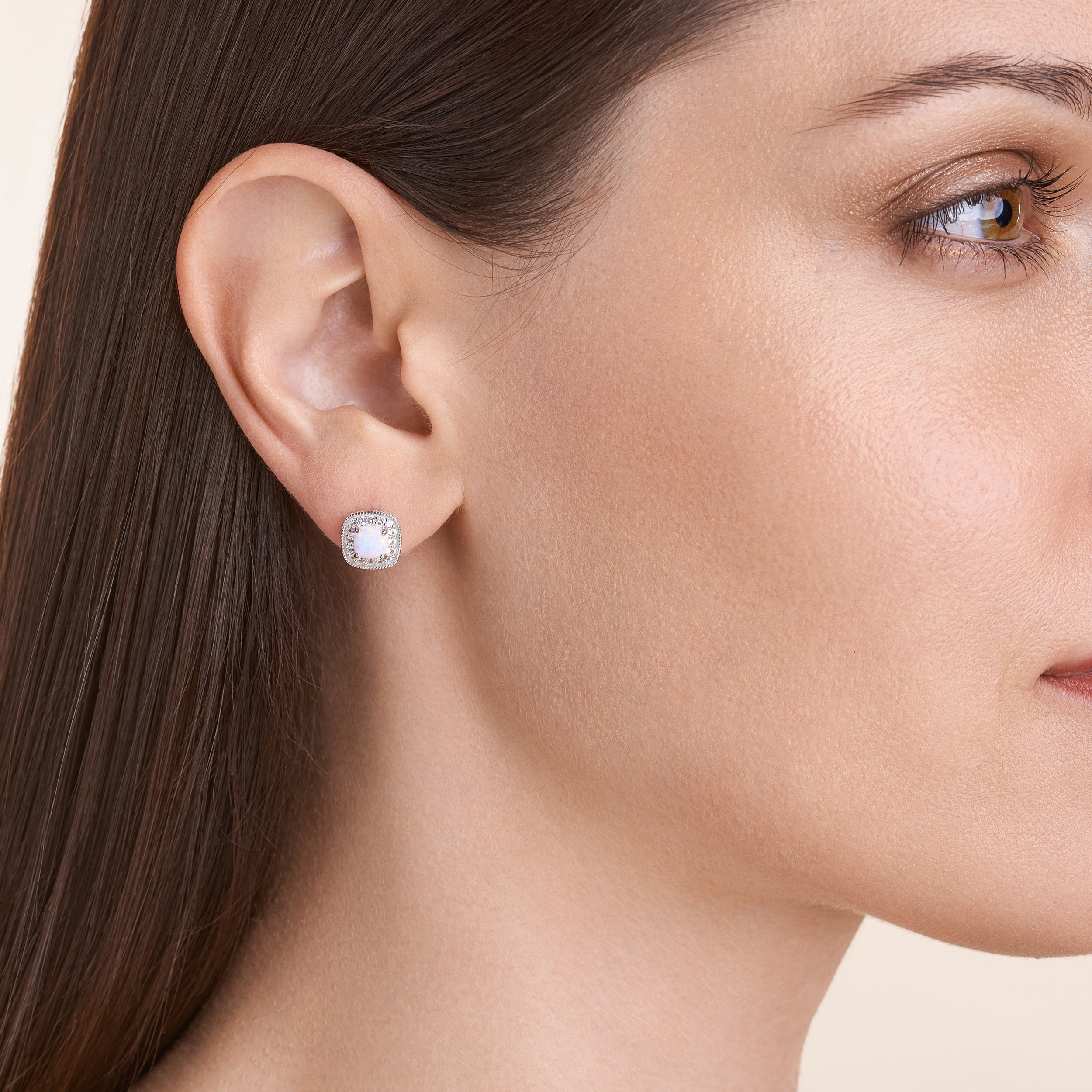 Forever Facets Created Opal October Birthstone Cushion Halo Earrings in Sterling Silver, Adult Female