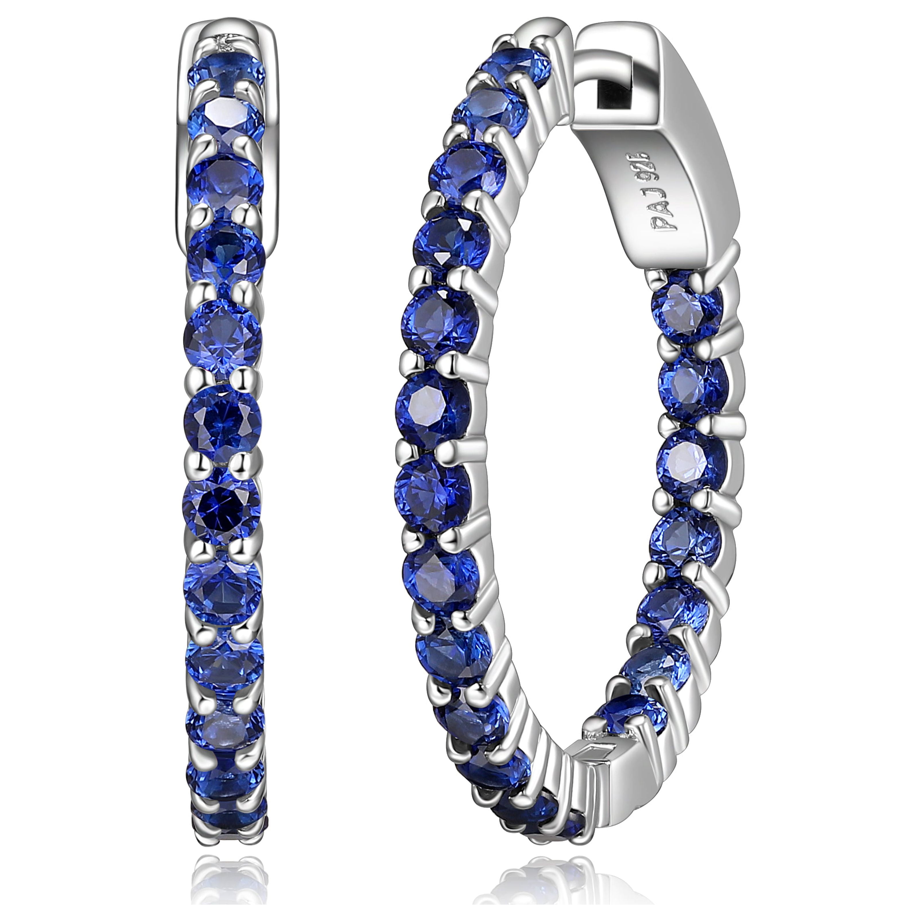 Forever Facets Created Sapphire Hoop Earrings in Sterling Silver, Adult Female