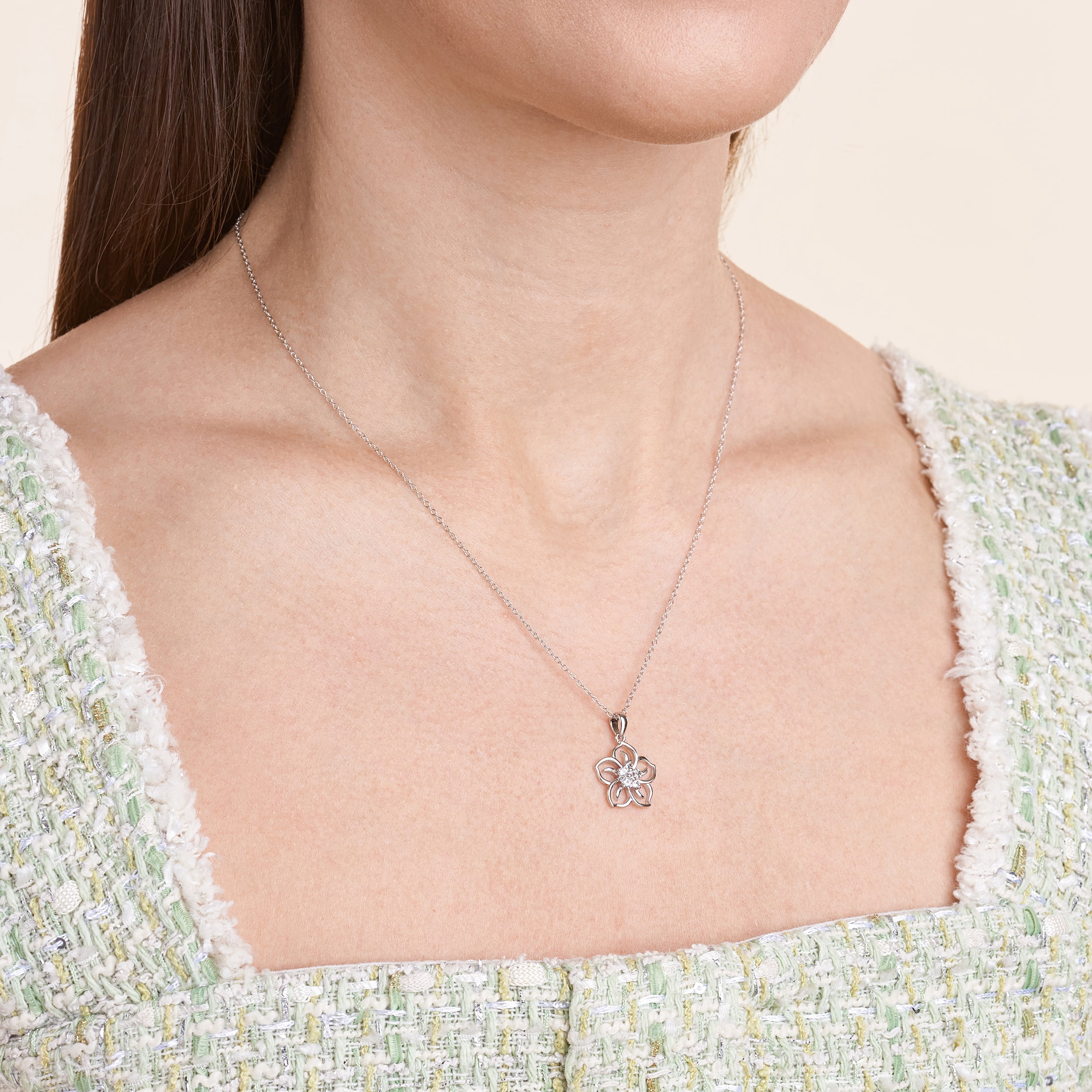 Forever Facets Created White Sapphire April Birthstone Floral Pendant in Sterling Silver, Adult Female