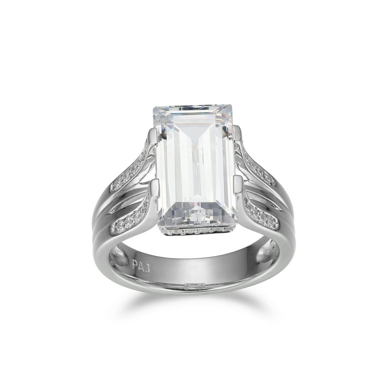 Octagon Shape Pave Cubic Zirconia Ring with Square CZ Center Rhodium on Silver