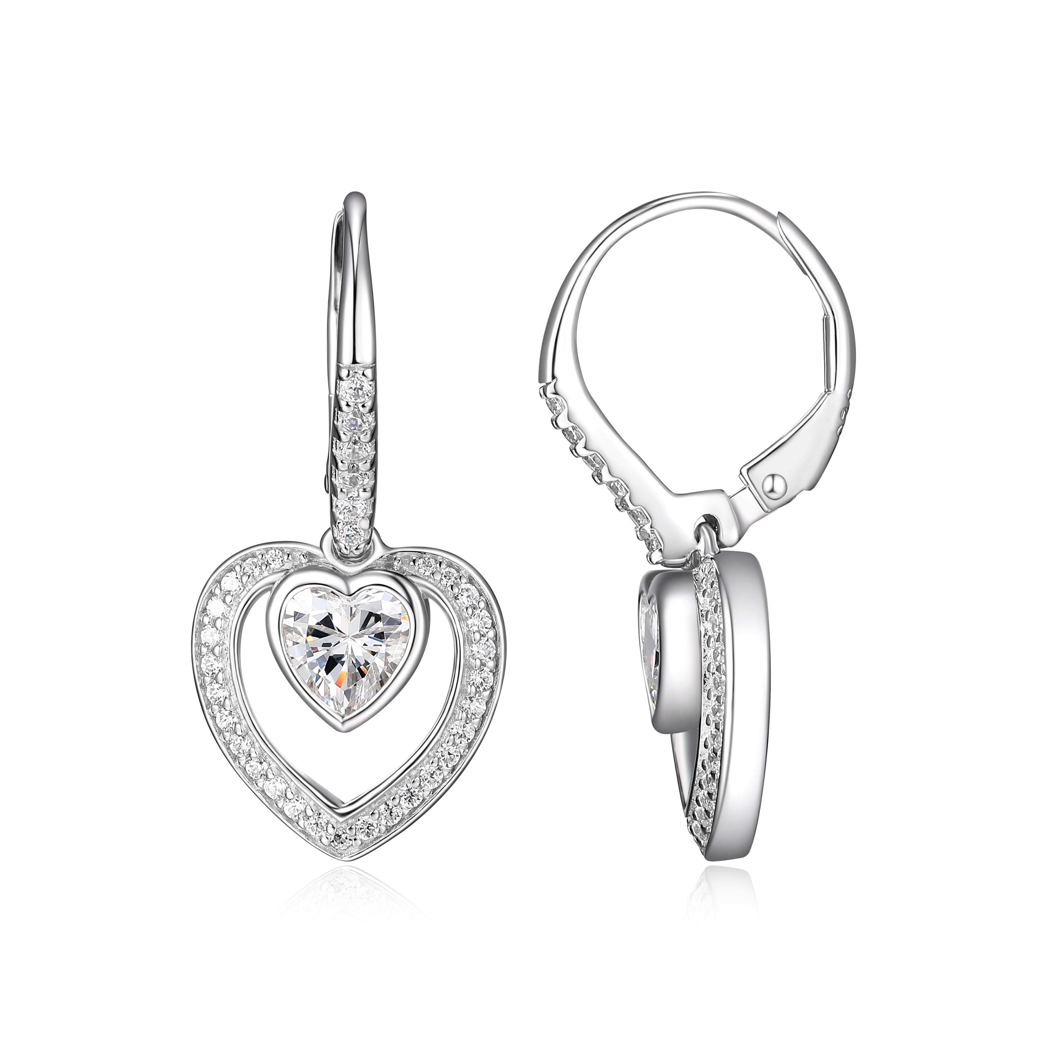 Forever Facets Cubic Zirconia Heart Halo Leverback Earrings in