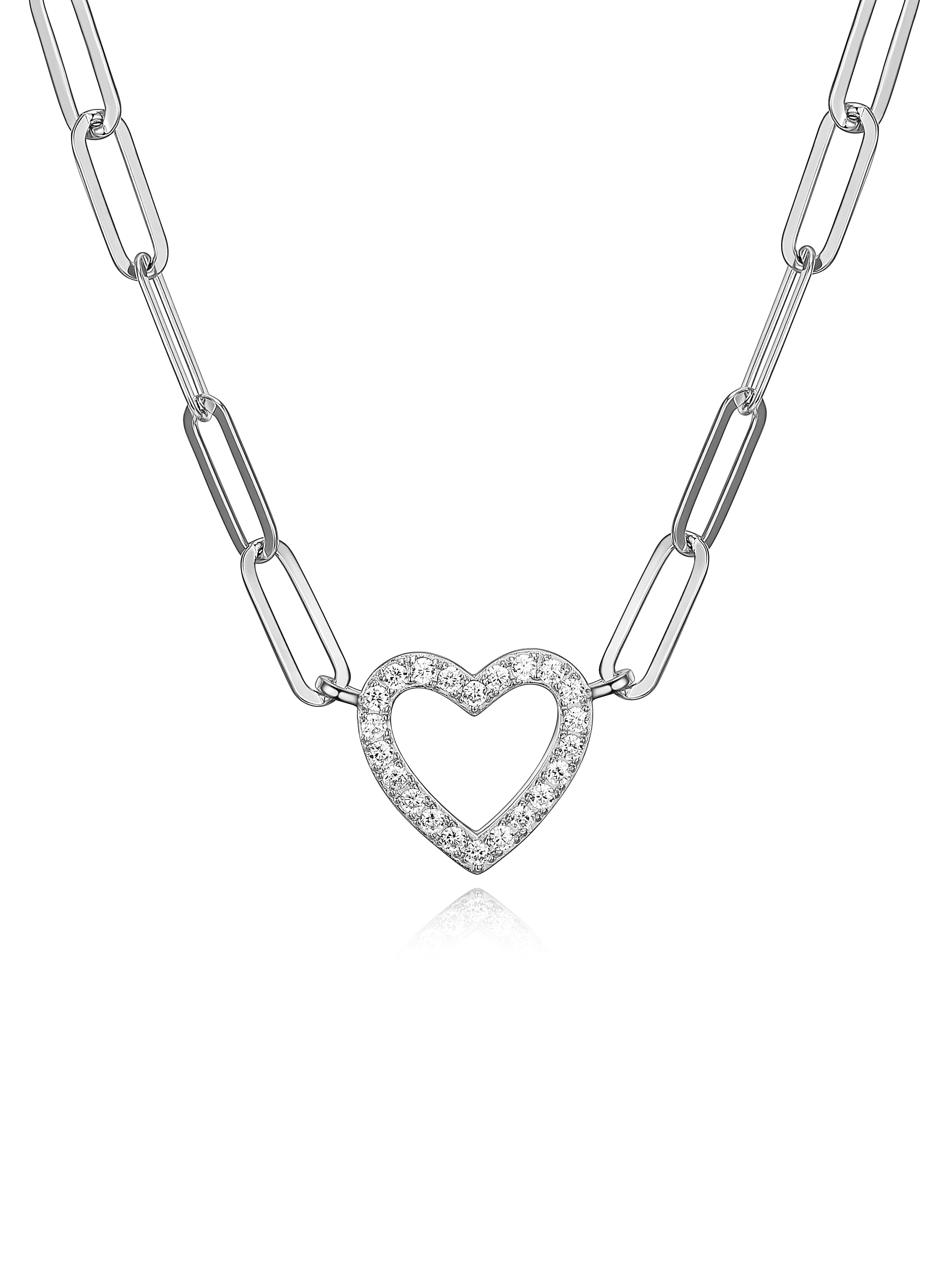 Forever Facets Cubic Zirconia Heart Paperclip 18” Necklace in Sterling Silver, Adult Female