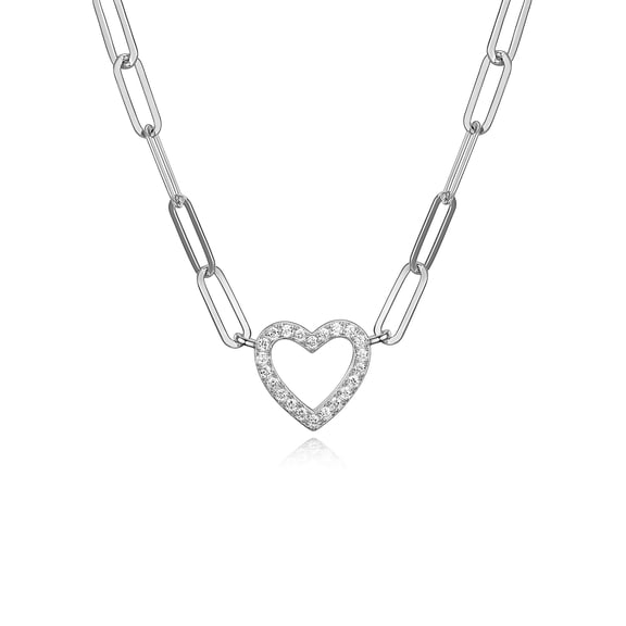 Forever Facets Cubic Zirconia Heart Paperclip 18” Necklace in Sterling Silver, Adult Female