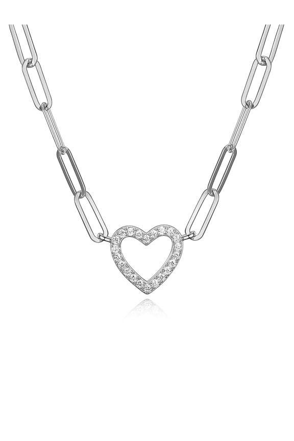 Cubic Zirconia Heart Paperclip 18” Necklace in Sterling Silver, Adult Female