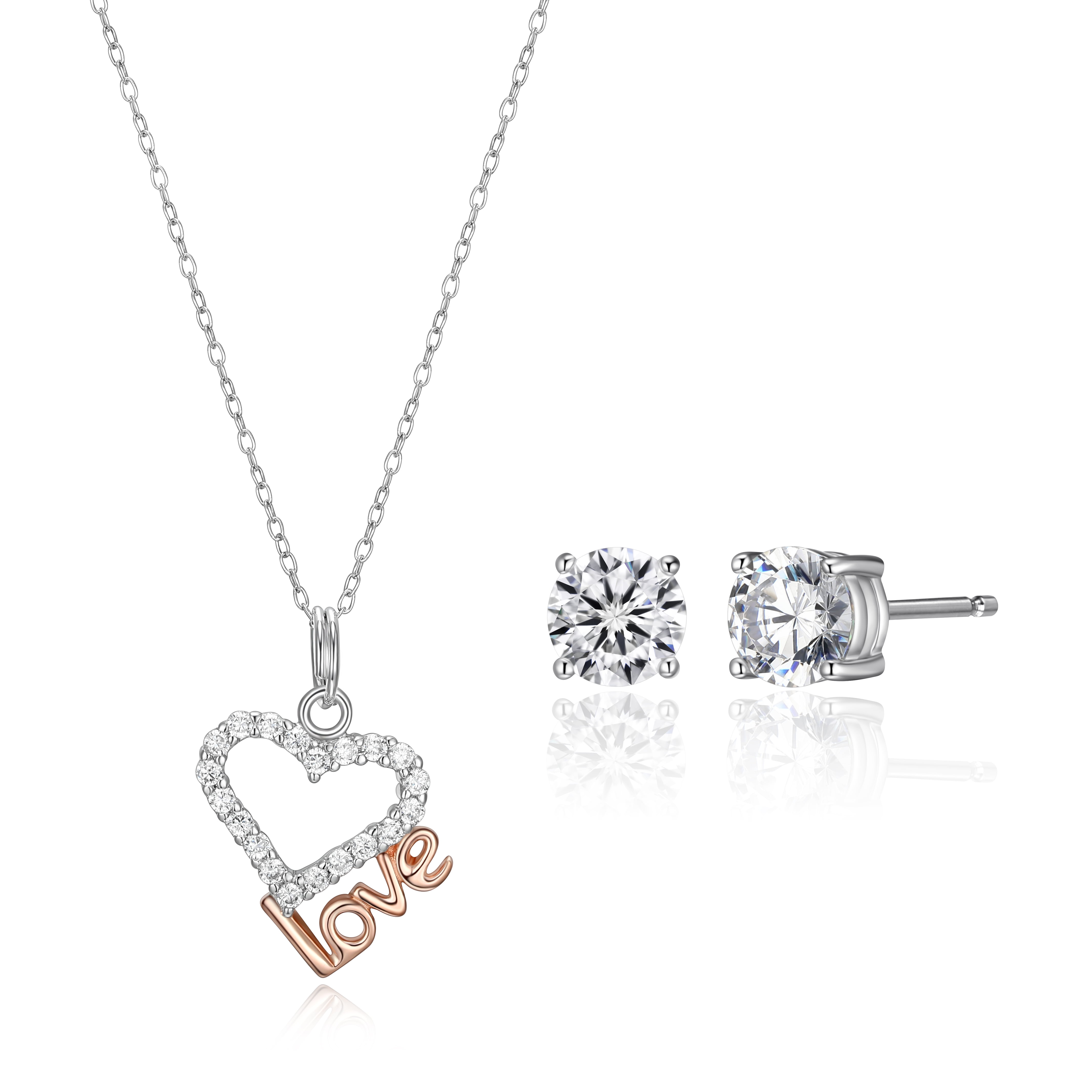 Forever Facets Cubic Zirconia Heart Pendant and Round Stud Earring Set