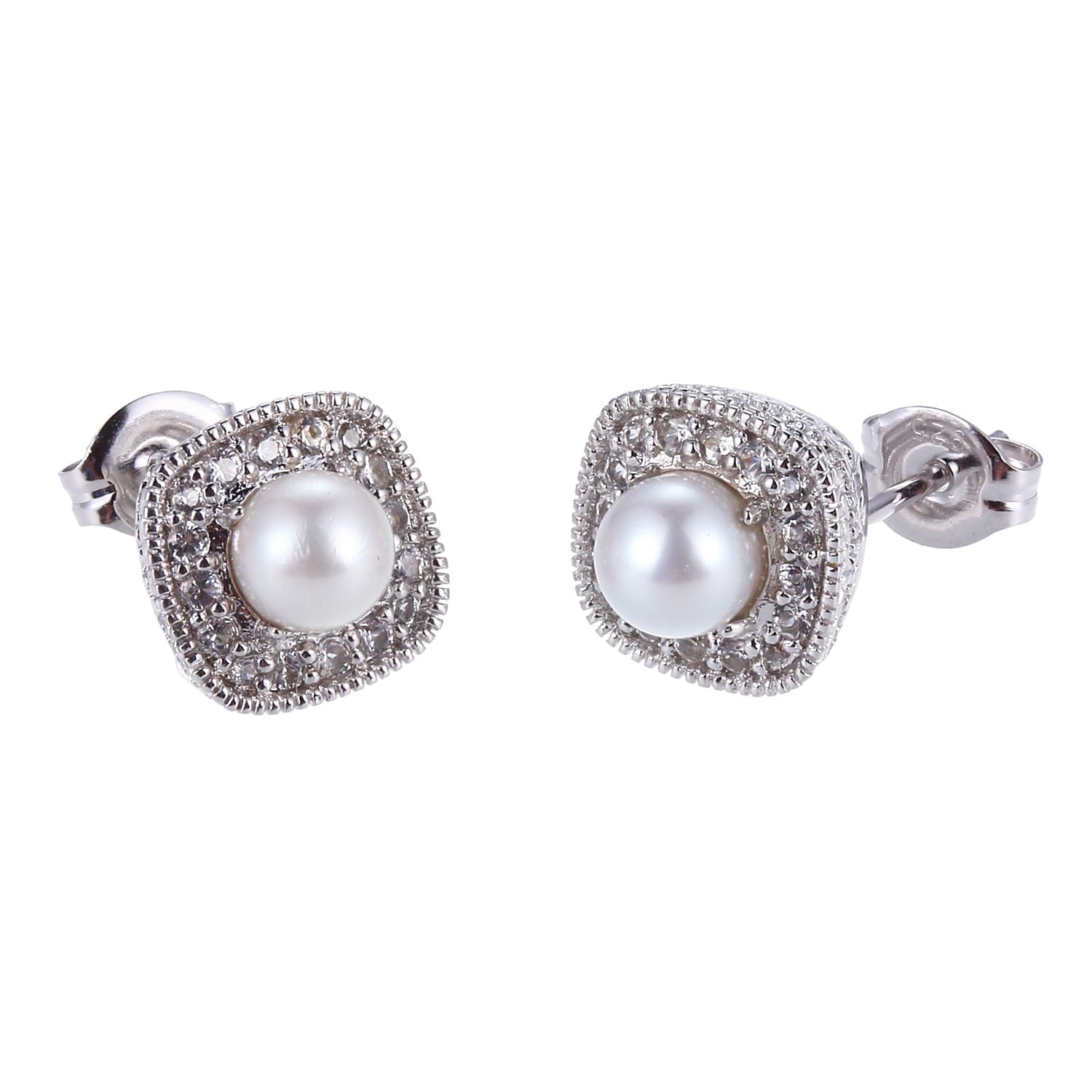 Forever Facets Cultured Freshwater Pearl June Birthstone Cushion Halo Earrings in Sterling Silver, Adult Female