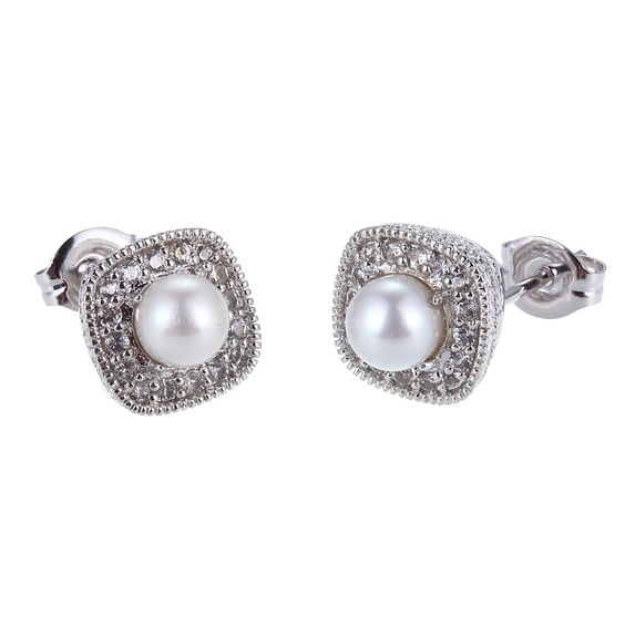 Forever Facets Cultured Freshwater Pearl June Birthstone Cushion Halo Earrings in Sterling Silver, Adult Female