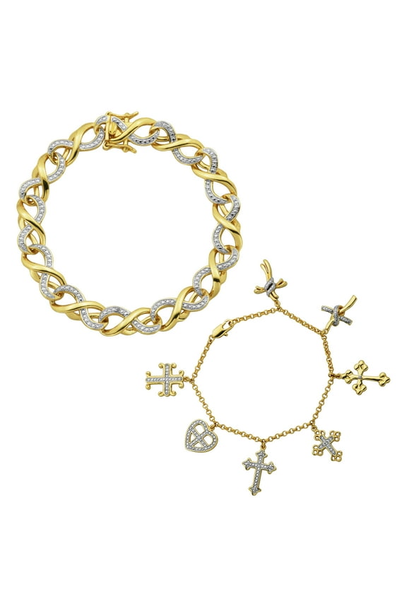 Diamond Accent 2-Piece Stacking Bracelet Set in 18k Yellow Gold over Bronze, Adult Female