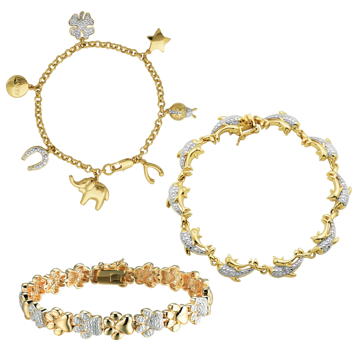 Forever Facets Diamond Accent 3-Piece Bracelet Set in 18k Yellow Gold over Bronze, Adult Female