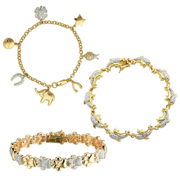 Forever Facets Diamond Accent 3-Piece Bracelet Set in 18k Yellow Gold over Bronze, Adult Female