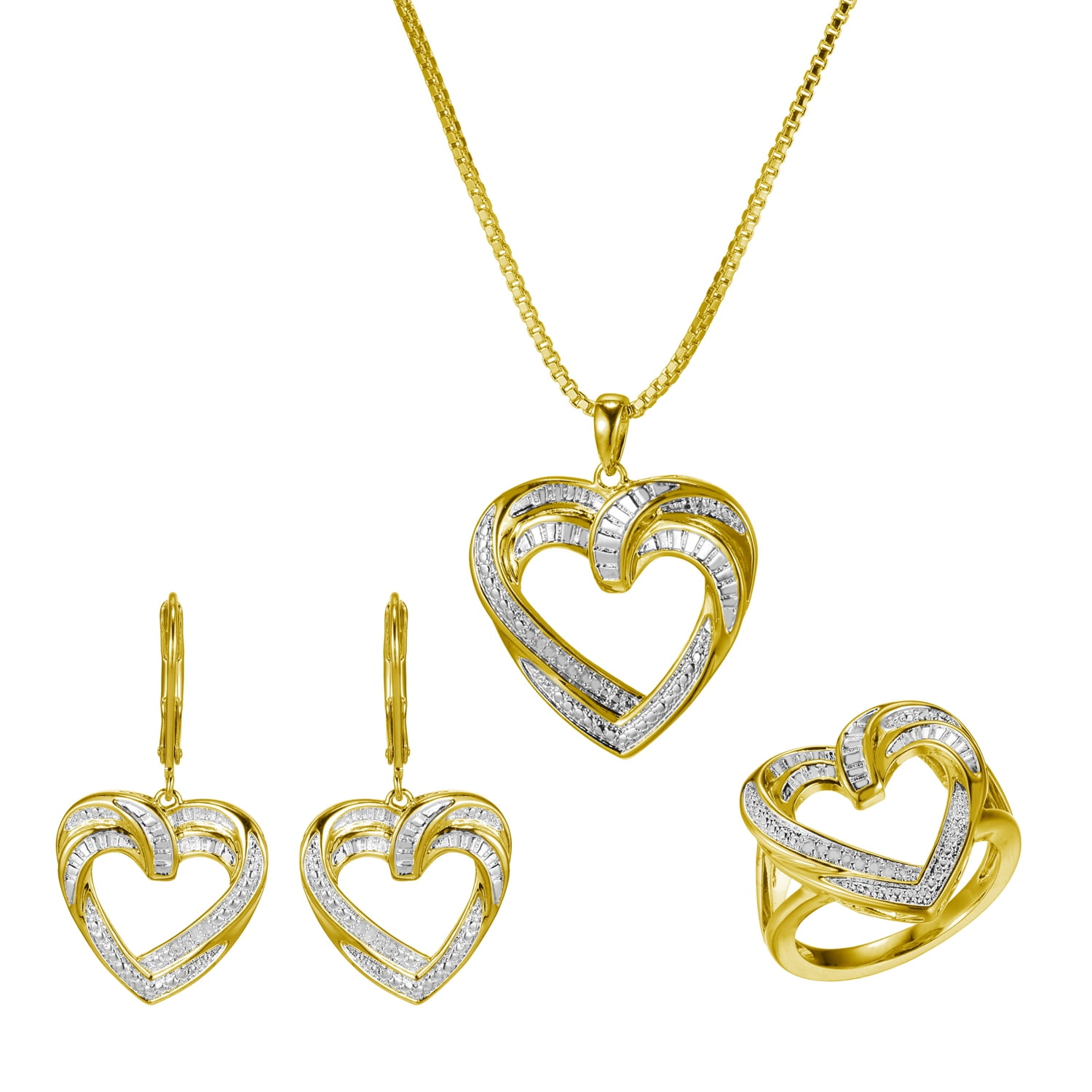Forever Facets Diamond Accent 3-Piece Open Heart Earring, Pendant and Ring Set in 18k Yellow Gold over Bronze, Adult Female