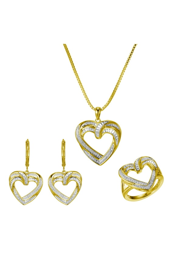 Diamond Accent 3-Piece Open Heart Earring, Pendant and Ring Set in 18k Yellow Gold over Bronze, Adult Female