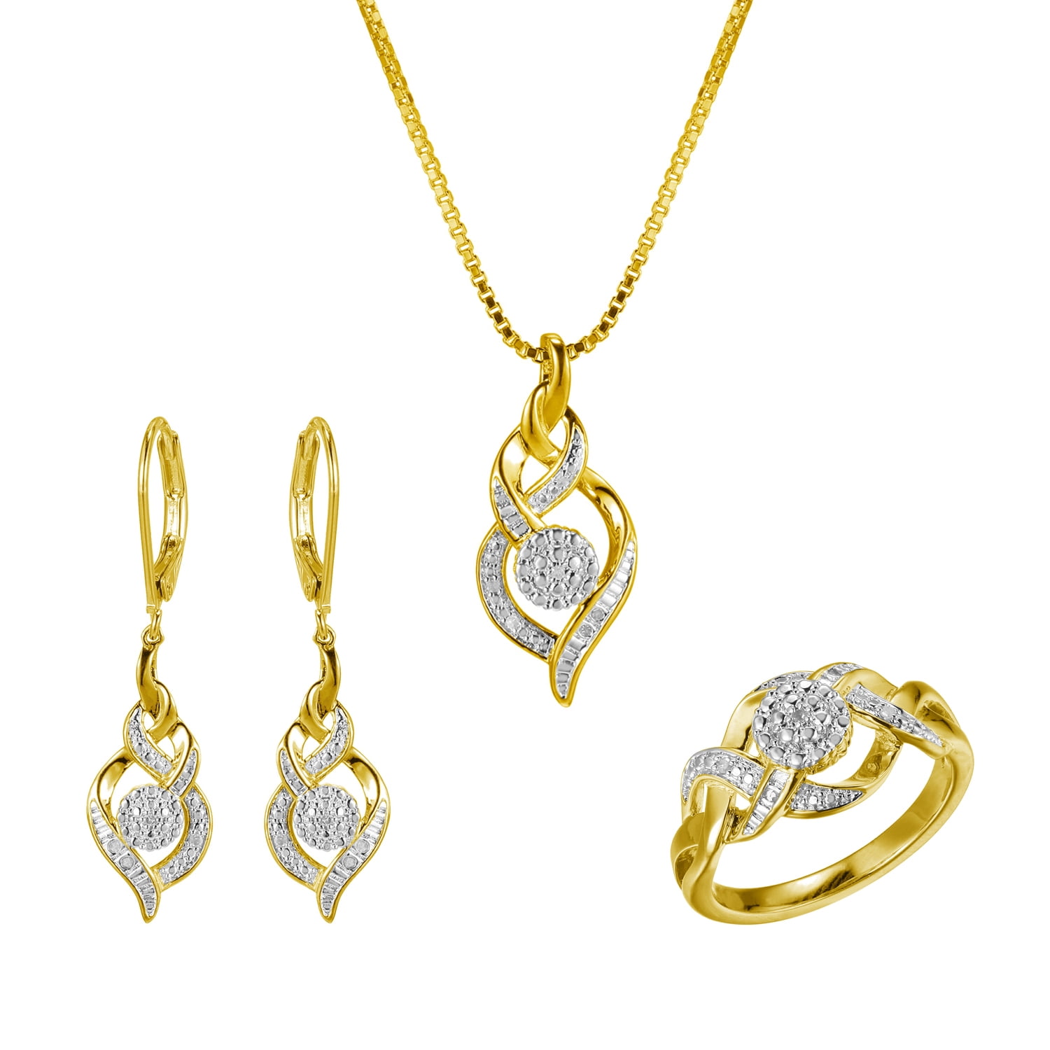 Forever Facets Diamond Accent 3-Piece Waterfall Pendant and Ring Set in 18k Yellow Gold over Bronze, Adult Female