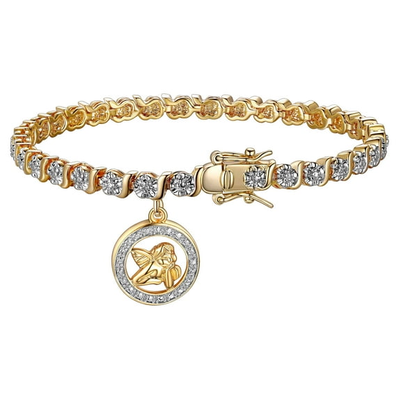 Forever Facets Diamond Accent Angel Charm 18k Yellow Gold Plated 7.25” Tennis Bracelet, Adult Female